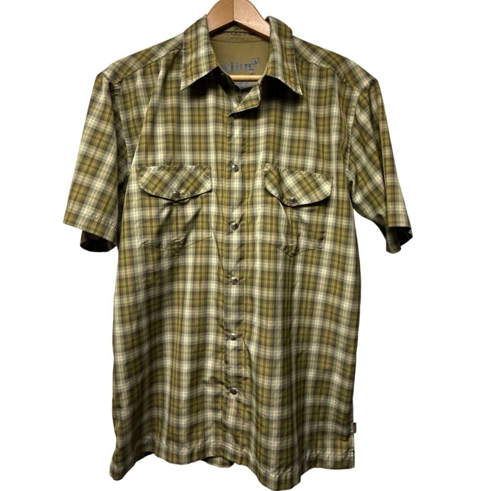 Kuhl Eluxur Men’s Large Green Plaid Shirt Short Sleeve Button Up Pearl Snap